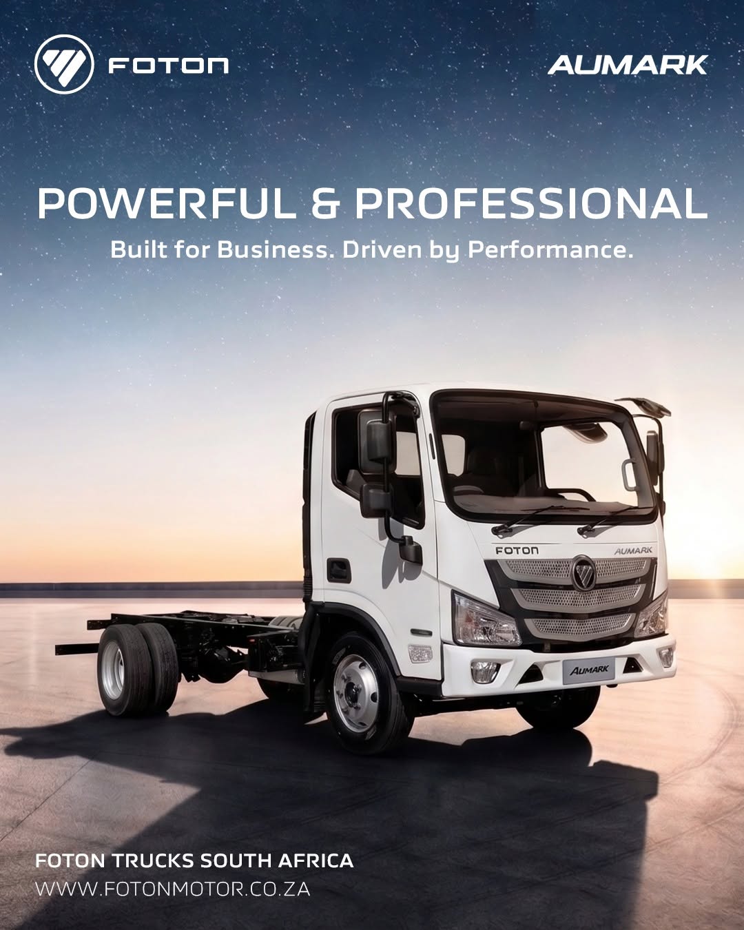 Aumark S(pic2) 可能是包含下列内容的图片:上面的文字是“FOTON AUMARK POWERFUL & PROFESSIONAL Built for Business. Driven by Performance. FOTON AUMARK รสบ่ 15 ALMARK FOTON TRUCKS SOUTH AFRICA WWW.FOTONMOTOR.CO.ZA”